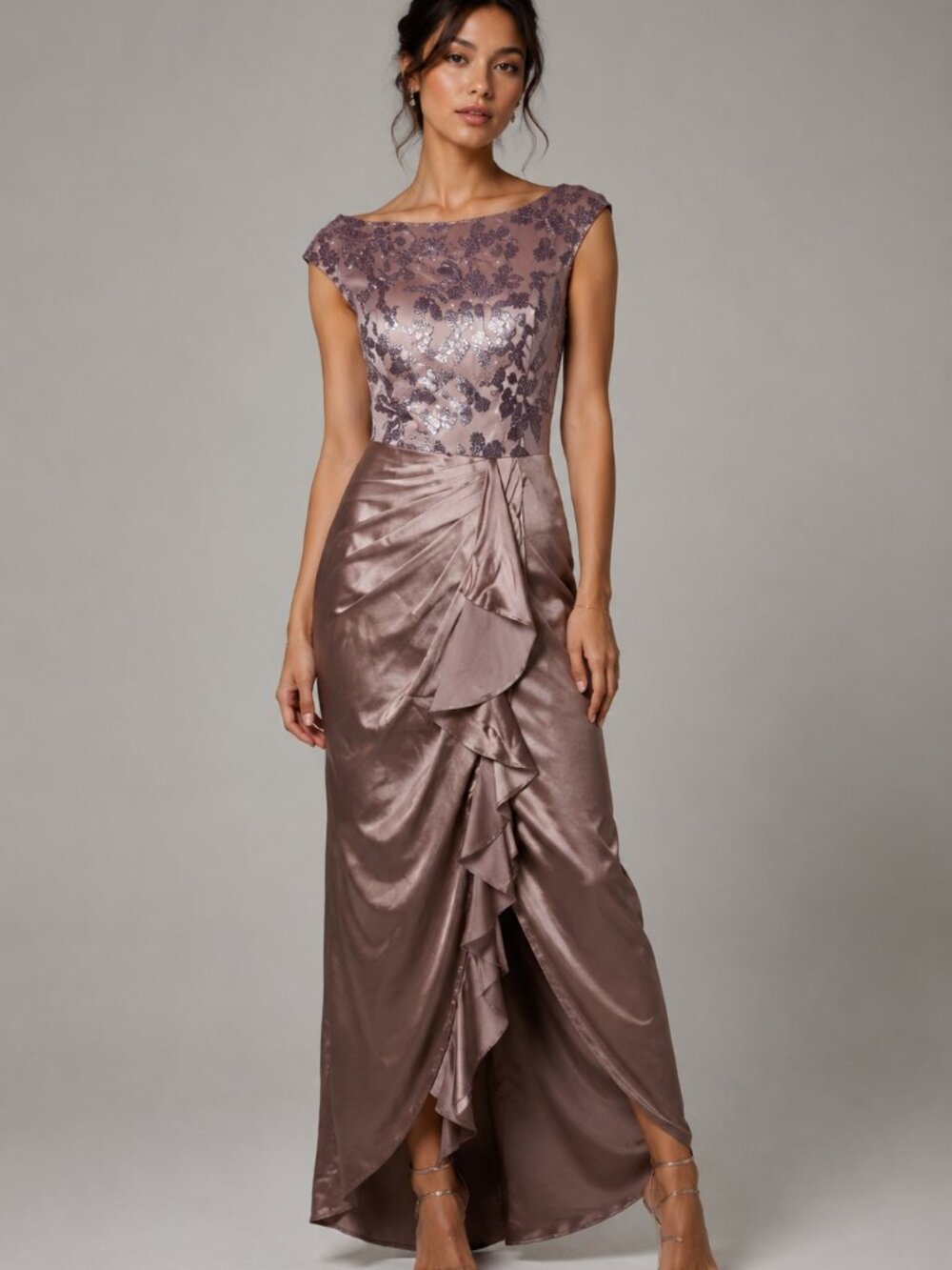 Elegant Mauve Lace & Satin Prom Dress